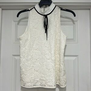 NWOT Karl Lagerfeld sleeveless white with black trim lace blouse, size 8.